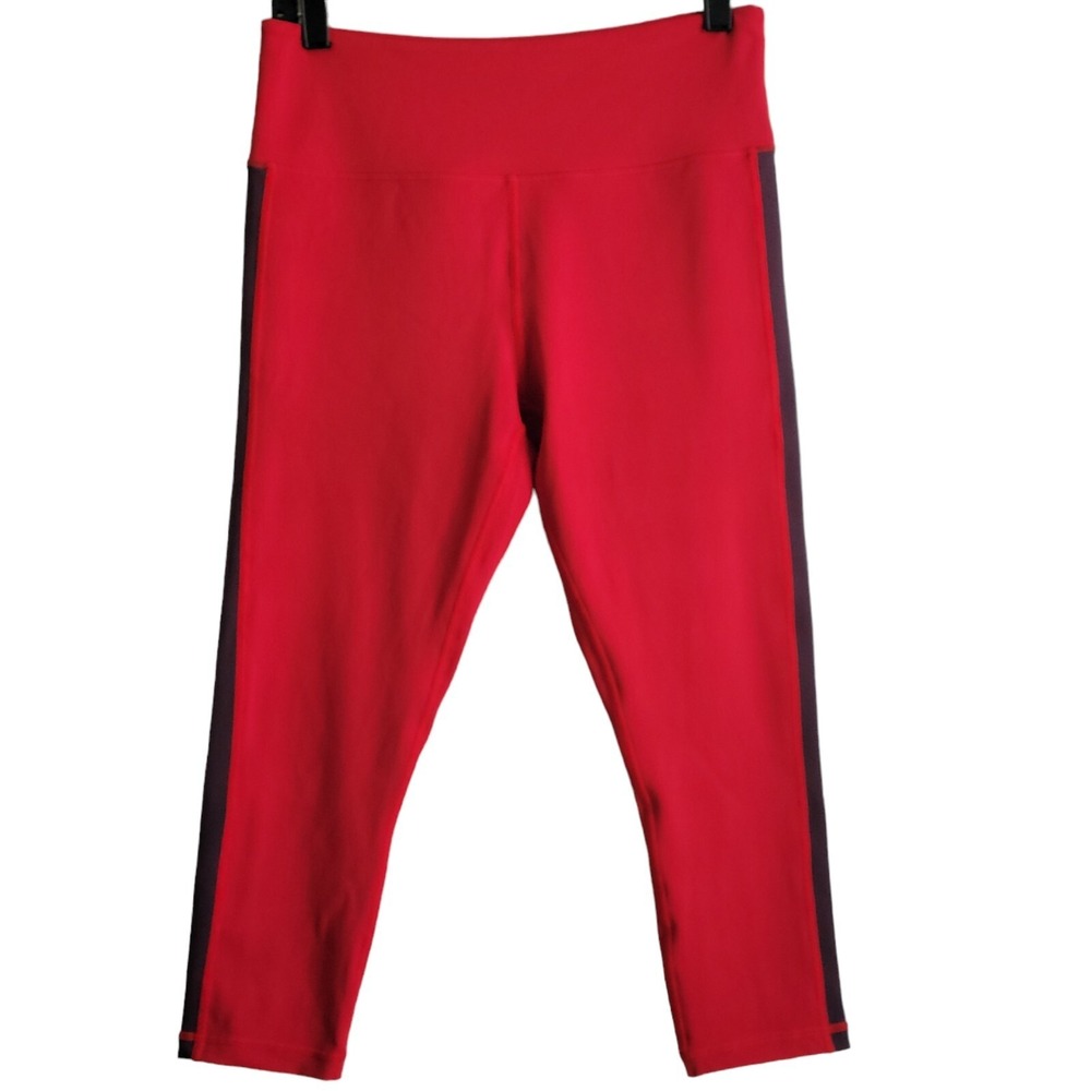 Zyia Active‎ Leggings Sz 12 Red Royalty Stripe High Rise Crop Capri Yoga Pull On